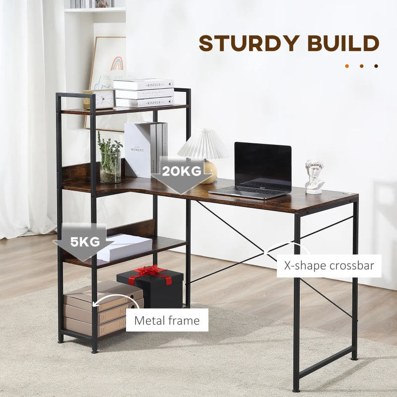 Rustic Brown 120CM Office Desk with Storage Shelves - Industrial Computer Table for Small Home Office Spaces