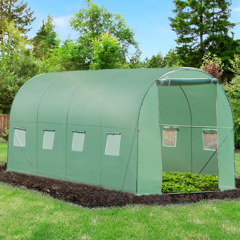 Green Walk-in Garden Tunnel Greenhouse, 4x2M, Roll-Up Door, 8 Windows