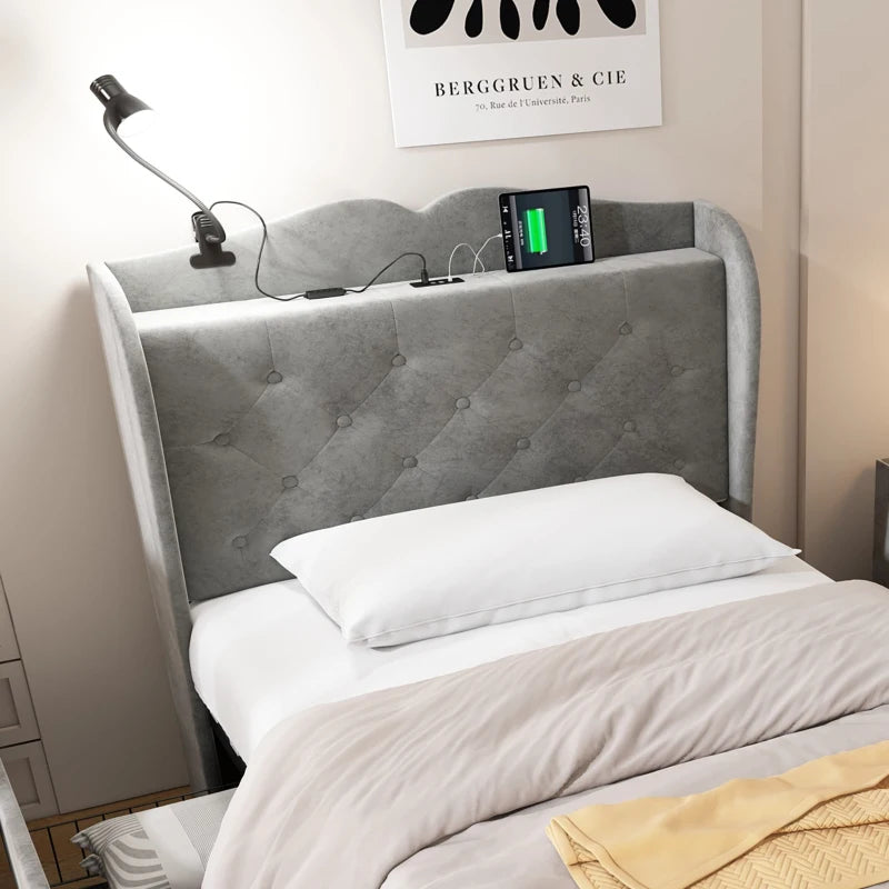 3FT Single Velvet Storage Bed with 4 Drawers, USB Ports & Table Lamp - Durable Gray Upholstered Design, 206.5L x 96.5W cm
