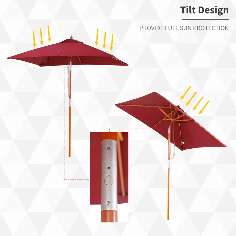 Wine Red 2m x 1.5m Tilting Garden Parasol Umbrella with Wood and Bamboo Frame