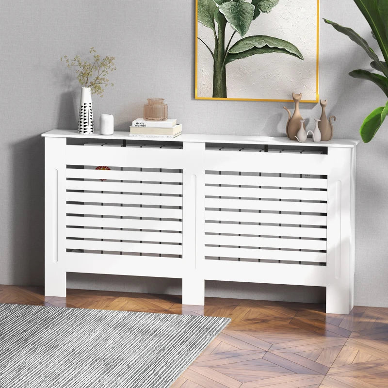 Modern White MDF Radiator Cover Cabinet with Horizontal Slats for Living Room Bedroom 152L x 19W x 81H cm