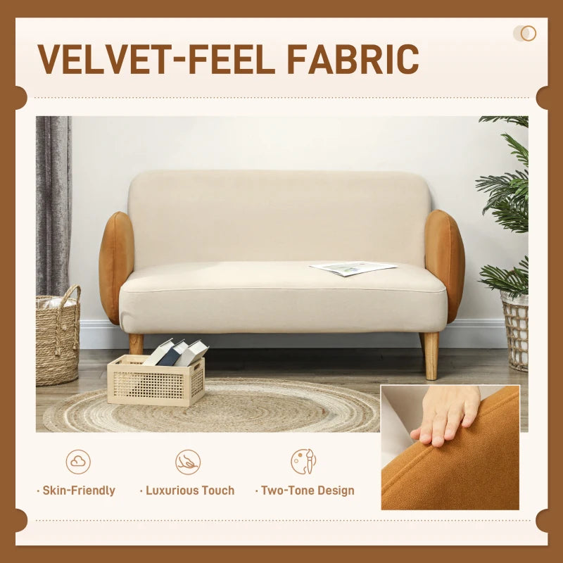 Mid Century Velvet-Feel Two-Seater Sofa in Cream and Orange for Stylish Living Rooms