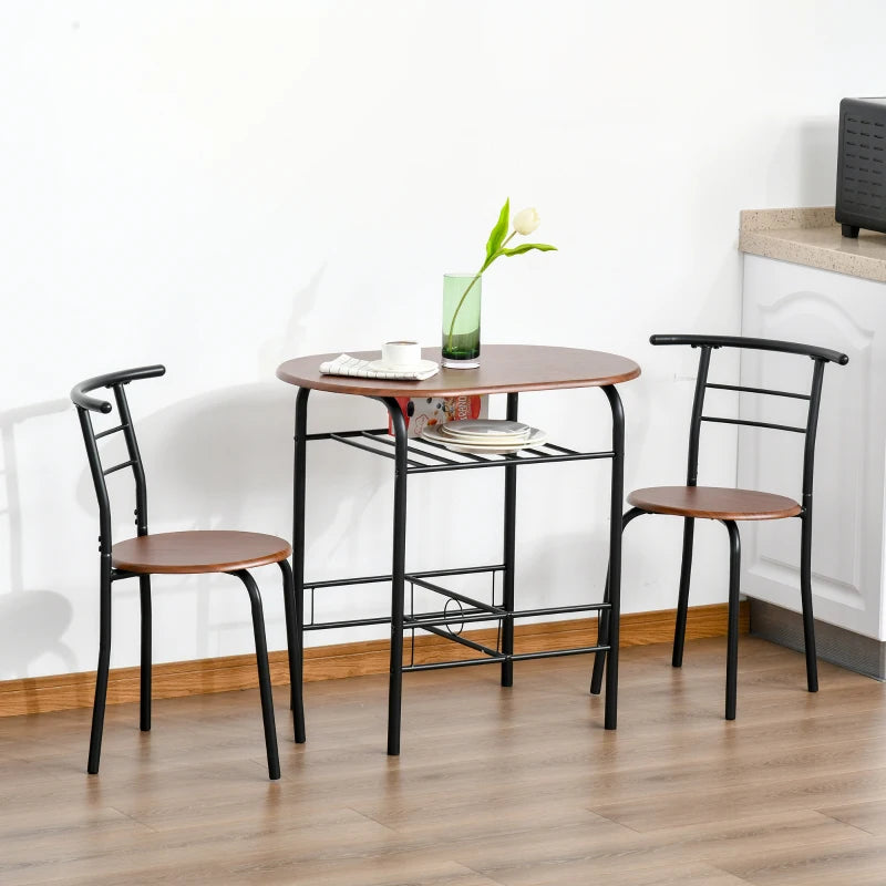 3 Piece Metal Frame Wood Top Dining Table Set with Storage Shelf and 2 Chairs for Breakfast Bar or Dining Room