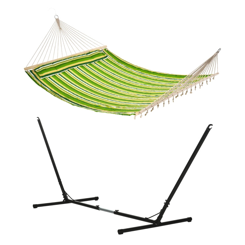 Green Striped Double Cotton Hammock with Adjustable Steel Frame