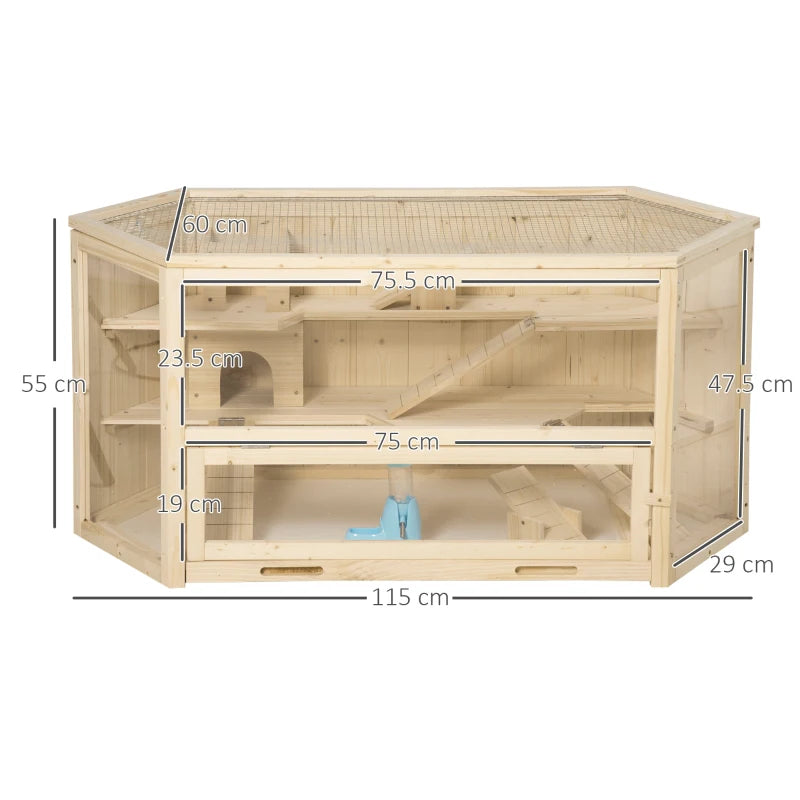 3 Tier Large Wooden Hamster Cage with Sliding Tray, Seesaws & Water Bottle - Natural Habitat for Small Pets
