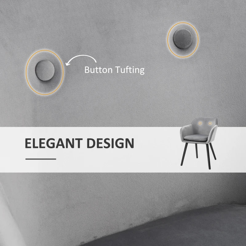 Modern Velvet Dining Chairs Set of 2 - Upholstered Leisure Chairs with Backrest & Armrests for Home Office & Kitchen - Grey