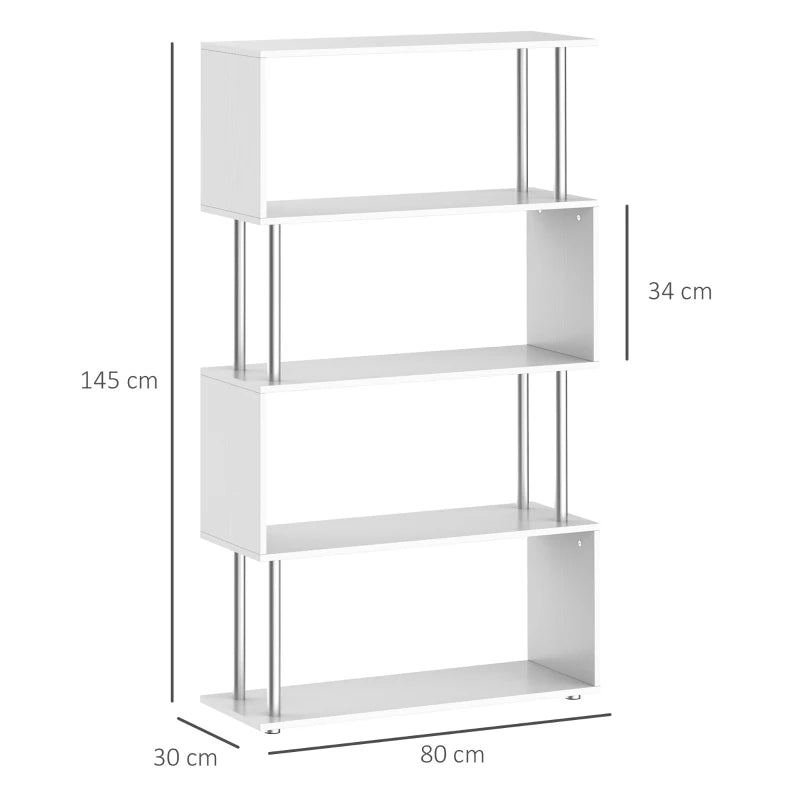 Modern S Shape 5-Tier Bookcase - Freestanding White Bookshelf for Home Office, Study & Living Room, 80x30x145cm