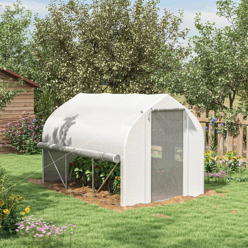 Green Walk-in Polytunnel Greenhouse with Zipped Roll Up Sidewalls and Mesh Door