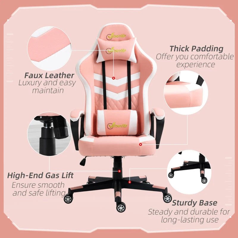 Vinsetto Pink Gaming Chair - Ergonomic Computer Desk Chair with Lumbar Support, Headrest & Swivel Wheels for Home Office