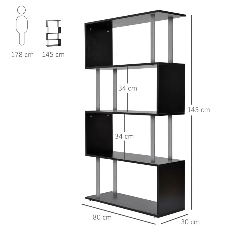 Modern S Shape Bookcase - 5 Tier Freestanding Bookshelf for Home Office, Study & Living Room - Black 80x30x145cm