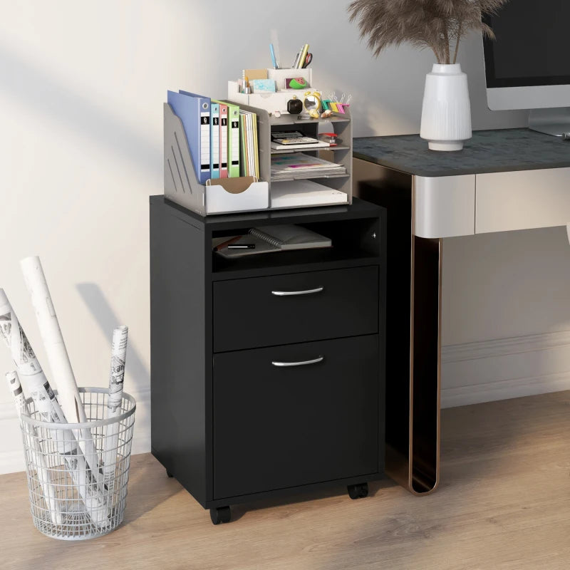 60cm Mobile Filing Cabinet with Drawer & Open Shelf, 4 Wheels, Metal Handles - Black Office Home Organizer for Printers