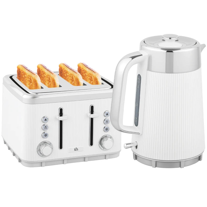 Electric Stainless Steel Kettle & Toaster Set - 3000W Fast Boil 1.7L Kettle with Strix Thermostat & 4 Slice Toaster, White