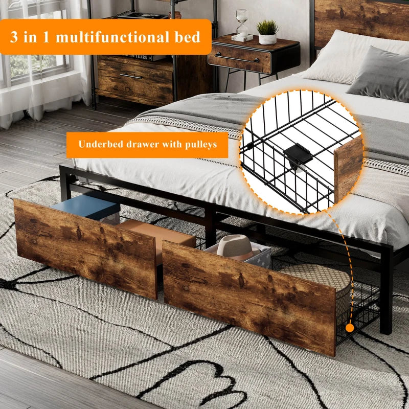Metal Double Bed with LED Light Strip, 4 Drawers & 3 USB Ports - Black & Dark Walnut, 207.5x135x105 cm