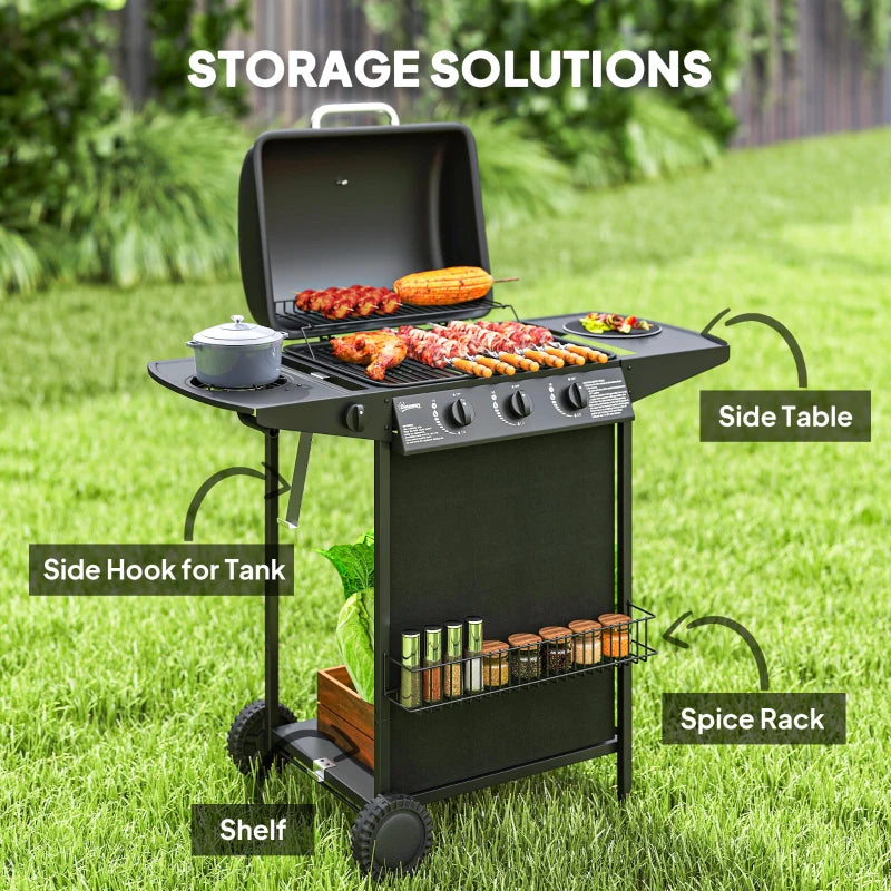 3+1 Burner Portable Gas BBQ Grill with Thermometer, Side Table, Wheels for Outdoor Cooking