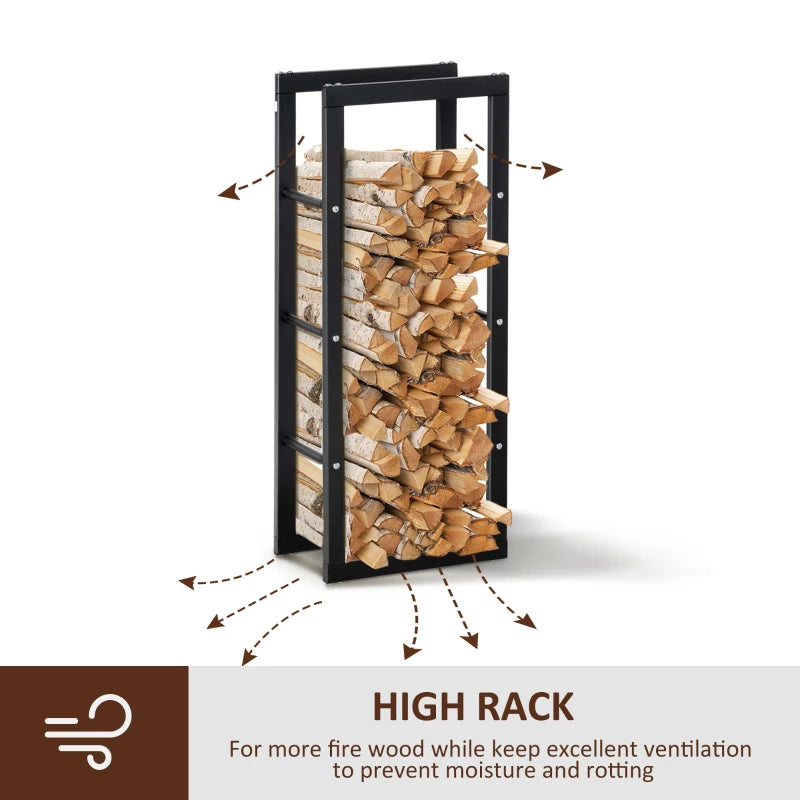 Tall Metal Firewood Log Holder Rack - Indoor/Outdoor Fireplace Wood Storage Shelf, Rust-Resistant, Black, 40W x 25D x 100H cm