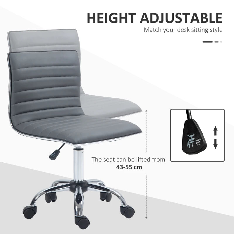 Armless Swivel Task Desk Chair - Adjustable Faux Leather Office Chair with Chrome Base & Wheels - Dark Grey