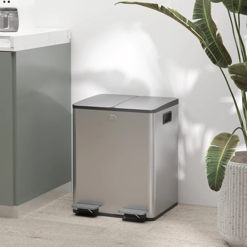 40L Dual Compartment Stainless Steel Trash Bin with Deodoriser Holders - Sleek Silver Tone for Kitchen & Office