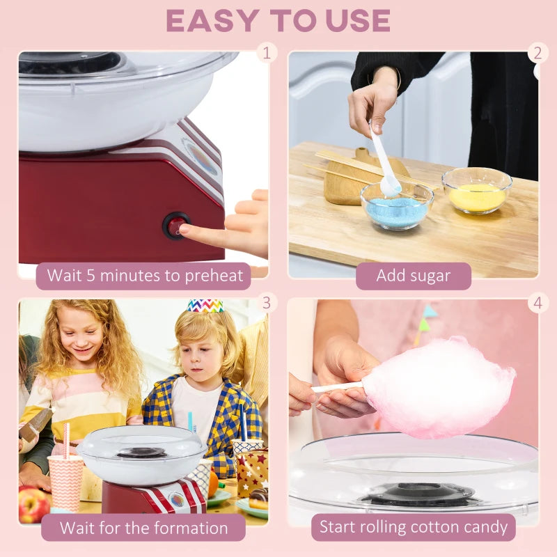 Retro Candy Floss Machine for Kids & Adults - 550W Cotton Candy Maker with 10 Sticks, Non-Slip Base, Red & White