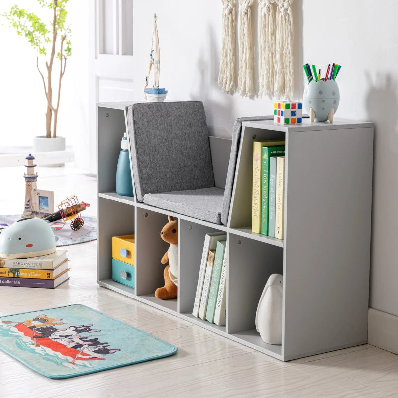 Kids Bookcase Shelf Storage Cabinet - Grey Living Room Sideboard with 6 Compartments for Toys & Books Organization