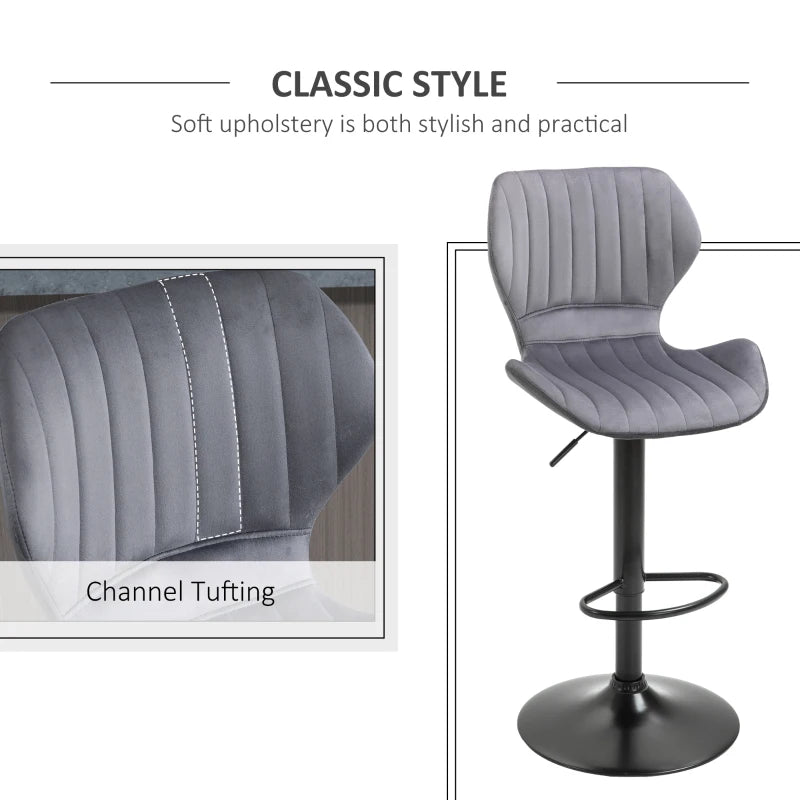 Stylish Grey Velvet Bar Stool Set of 2 - Adjustable Height Swivel Counter Chairs with Footrest for Modern Home Decor