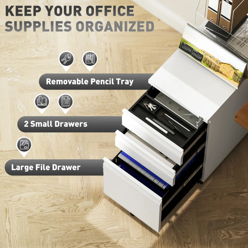 Vinsetto 3-Drawer Lockable Steel Filing Cabinet on Wheels - Modern White Office Storage Solution