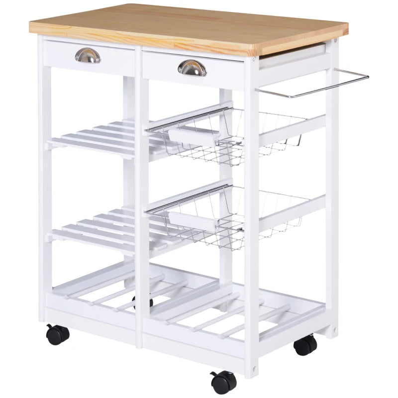 Rolling Kitchen Island Trolley Cart with Drawer, Shelves, Basket, Wheels & 6-Bottle Wine Rack - Stylish White Design