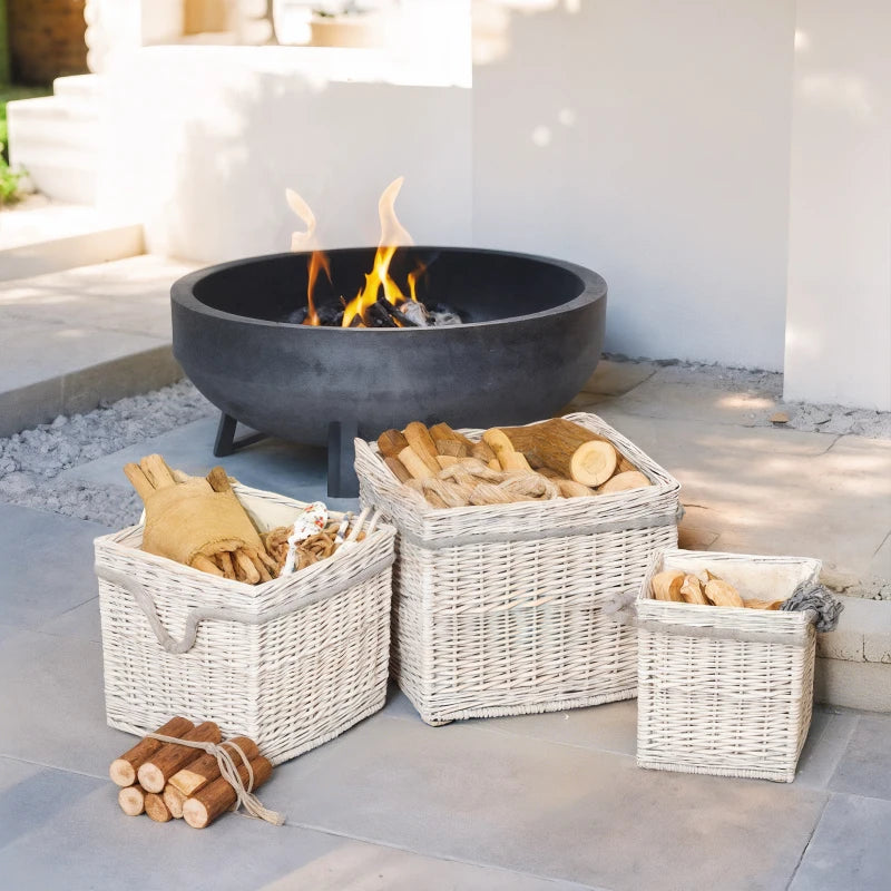 Set of 3 Beige Round Log Baskets with Lining & Rope Handles - Ideal for Wood Burner, Fireside Storage & Blankets