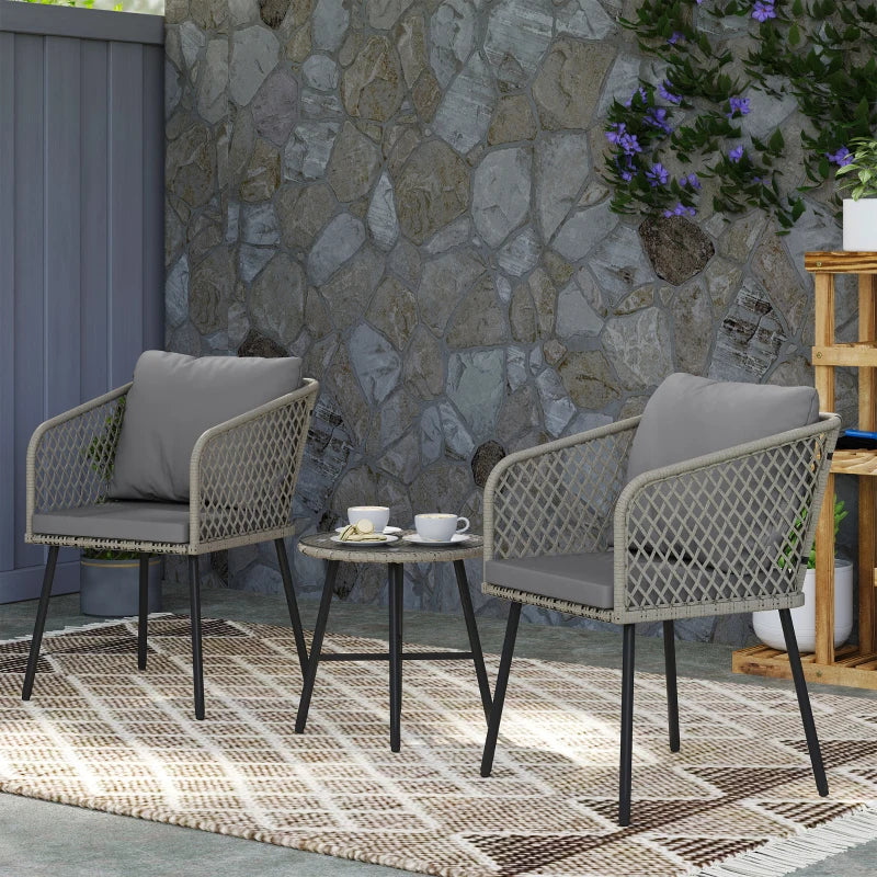 3 Piece Rattan Bistro Set with 2 Chairs & Glass Table for Garden, Balcony, Grey