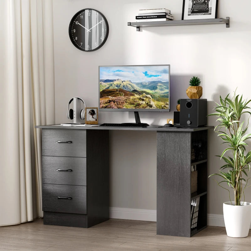Modern Black Computer Desk with 3 Storage Shelves & Drawers - Stylish Writing Table for Home Office Workstation