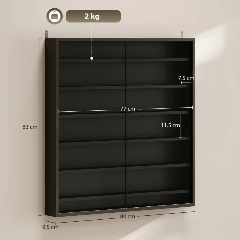 Modern Black Six Shelf Display Cabinet with Glass Doors - Stylish Storage Solution for Home or Office