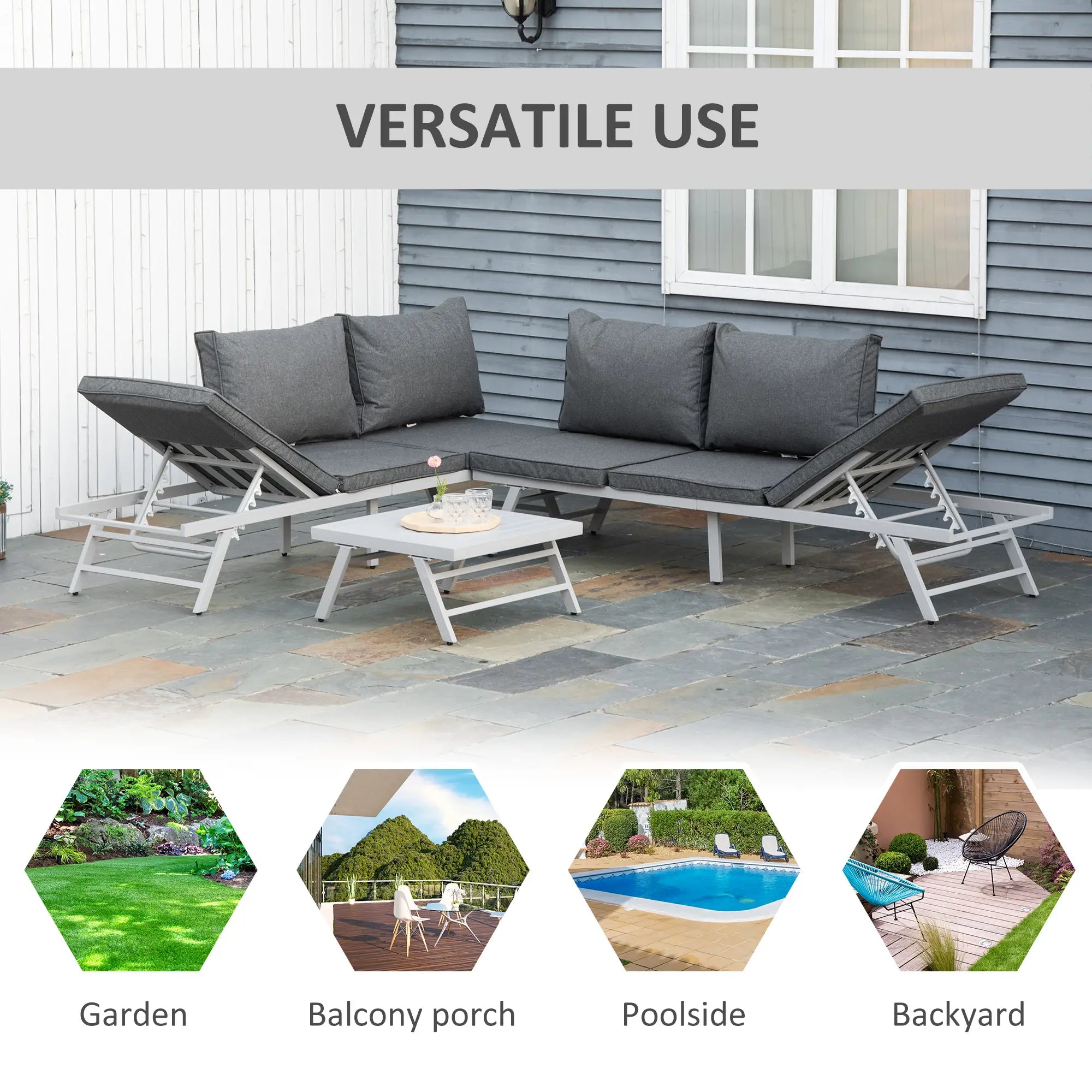 Grey Metal Garden Furniture Set With Slatted Top Table