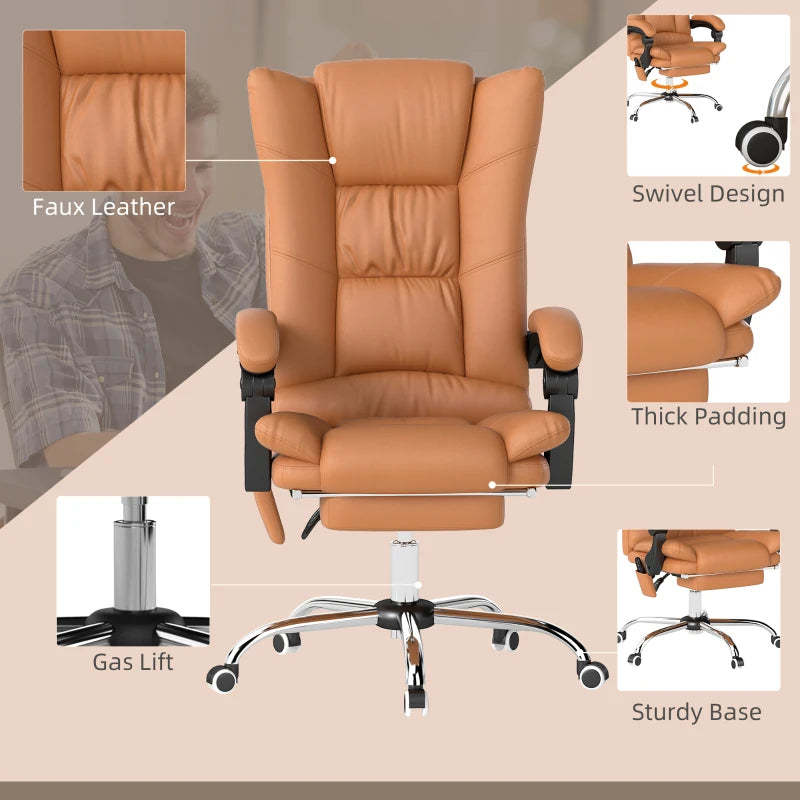 Vinsetto High Back Massage Office Chair with Heat, Reclining PU Leather Computer Chair, 135° Recline & Footrest - Light Brown