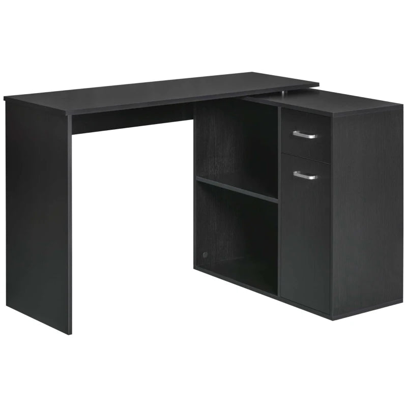 L-Shaped Corner Computer Desk with Storage Shelf & Drawer - Adjustable Black Wood Grain Workstation for Home Office