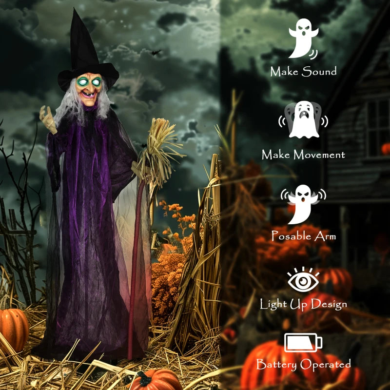6ft Animated Witch Decoration with Sound - Spooky Purple & White Halloween Prop for Indoor/Outdoor Use