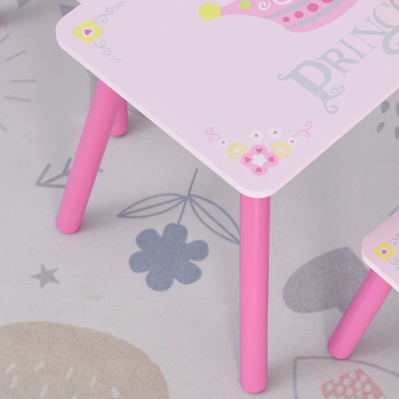 3-Piece Kids Table and Chair Set - Princess & Crown Theme - Pink Home Furniture Gift for Ages 2-4
