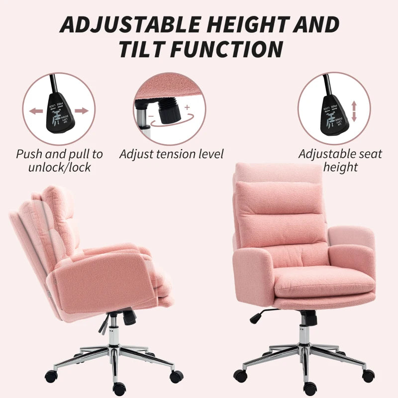Pink Sherpa Fleece Office Chair 91-99cm Height - Cozy Ergonomic Design for Home & Office Comfort