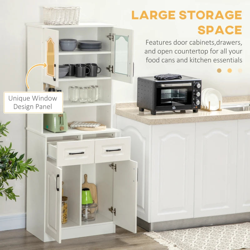 Freestanding Kitchen Cupboard Storage Cabinet - 168cm White with 2 Adjustable Shelves, 2 Drawers & Open Counter for Living Room/Dining Room