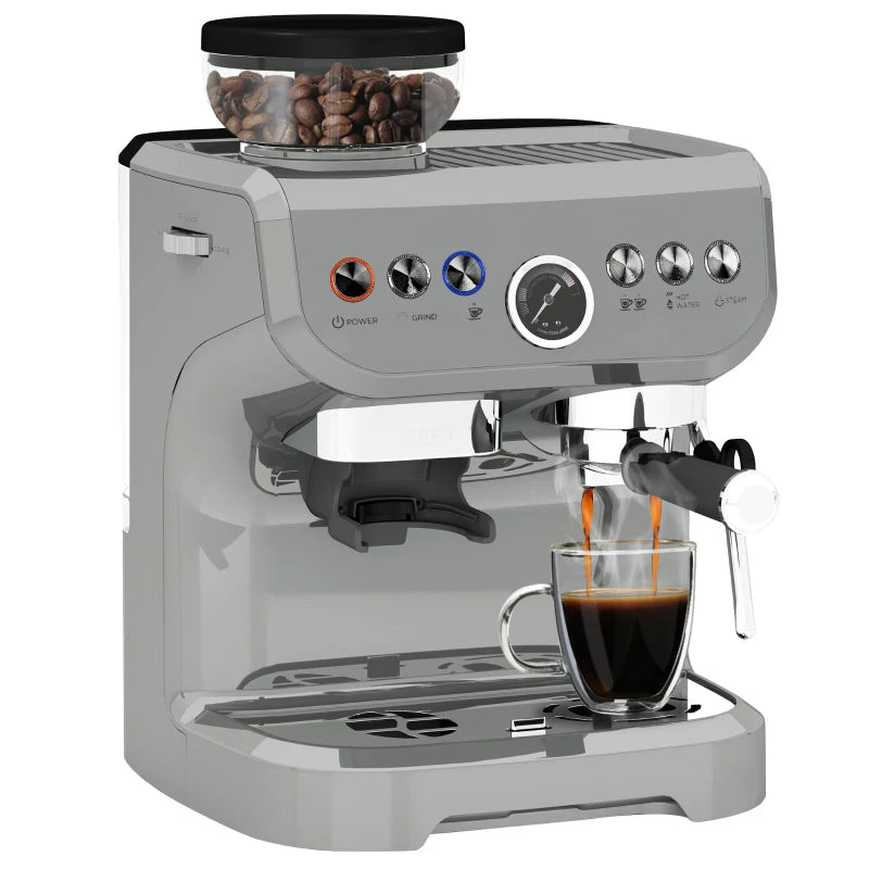 15 Bar Silver Coffee Machine with Adjustable Grind, Steamer & Accessories - Perfect for Espresso Lovers