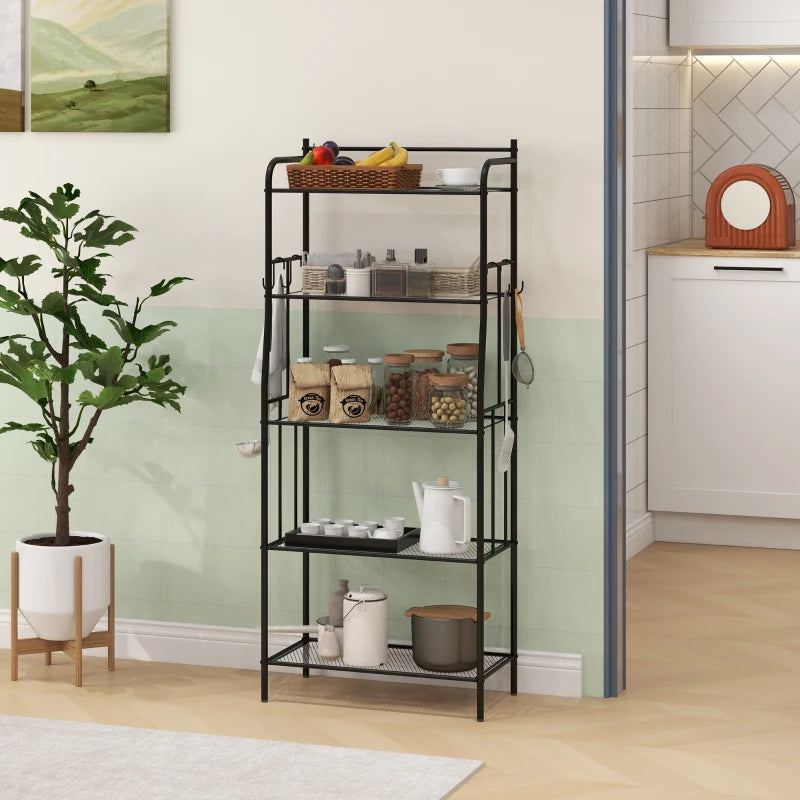 Five-Tier Black Steel Frame Kitchen Shelving Unit - Durable Storage Rack for Organizing Kitchen, Pantry, or Garage