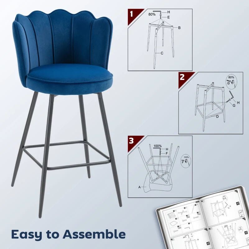 Set of 2 Dark Blue Velvet-Feel Lotus Bar Stools - Stylish Modern Seating for Kitchen or Home Bar