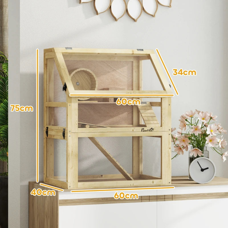 Wooden Hamster Cage with Detachable Deep Bottom Hut Seesaw Exercise Wheel Ramp 60x40x75cm Natural