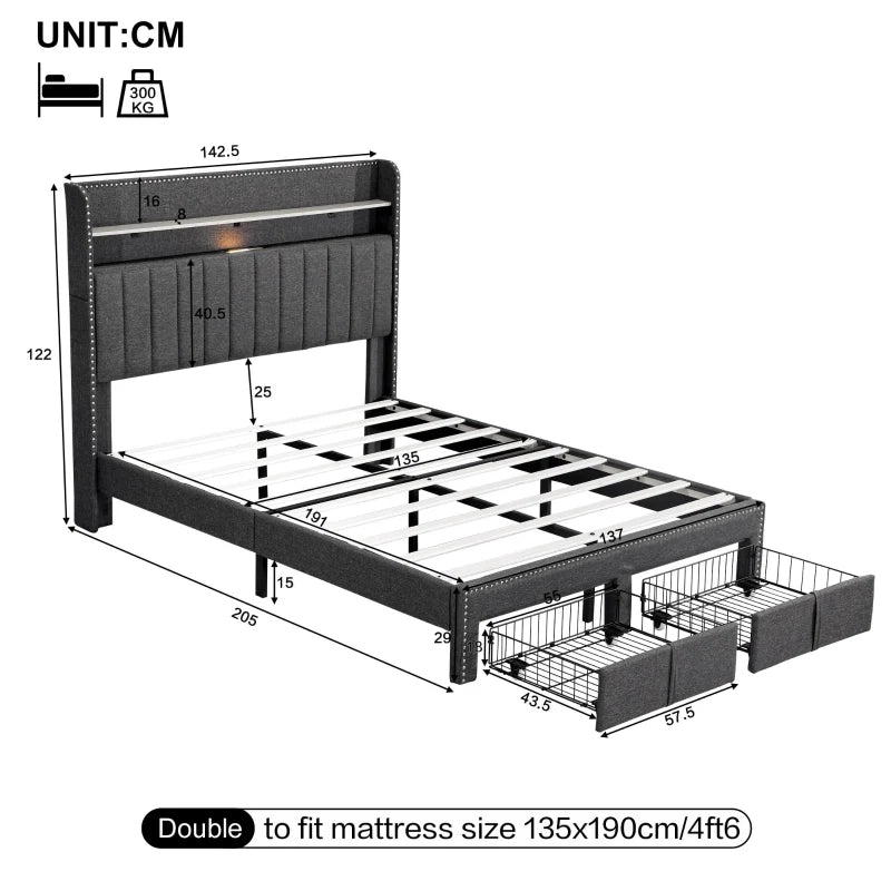 Double Upholstered Bed with Storage Drawers and Charging Ports in Grey Linen Frame