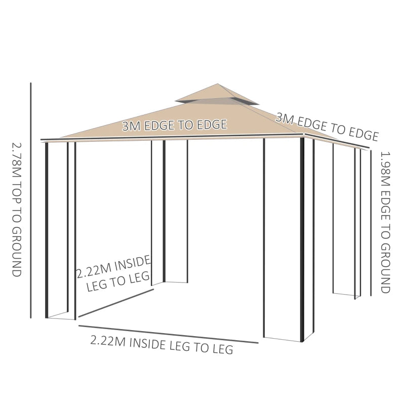 Beige 3m x 3m Double Roof Hard Top Gazebo