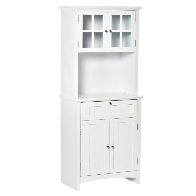 Stylish White Wooden Kitchen Cupboard with Glass Door, Drawer & Microwave Space - Perfect Storage Cabinet for Dining & Living Room