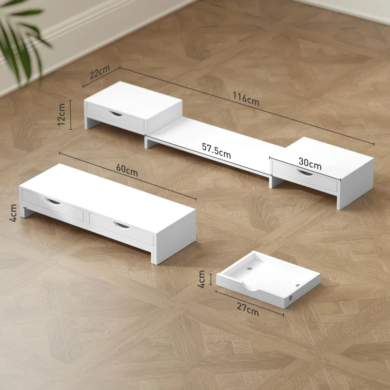 Dual Monitor Stand Riser with 2 Drawers - Adjustable Length & Angle, 116cm for Laptop, PC, Printer - White