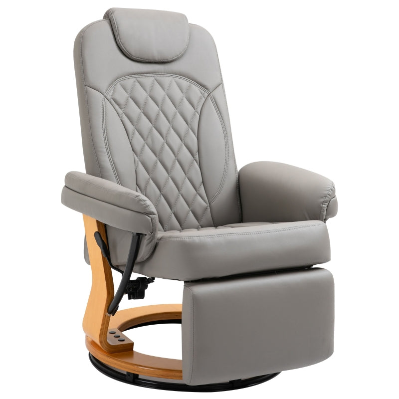 Comfortable PU Recliner Chair with Footrest and Headrest, Stylish Round Wooden Base for Living Room, Bedroom, or Office, Grey
