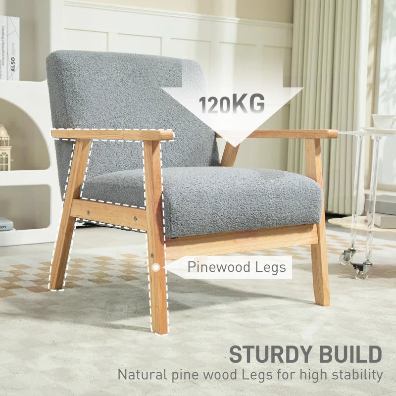 Stylish Grey Accent Chair with Thick Cashmere Cushions and Wooden Frame for Home and Office