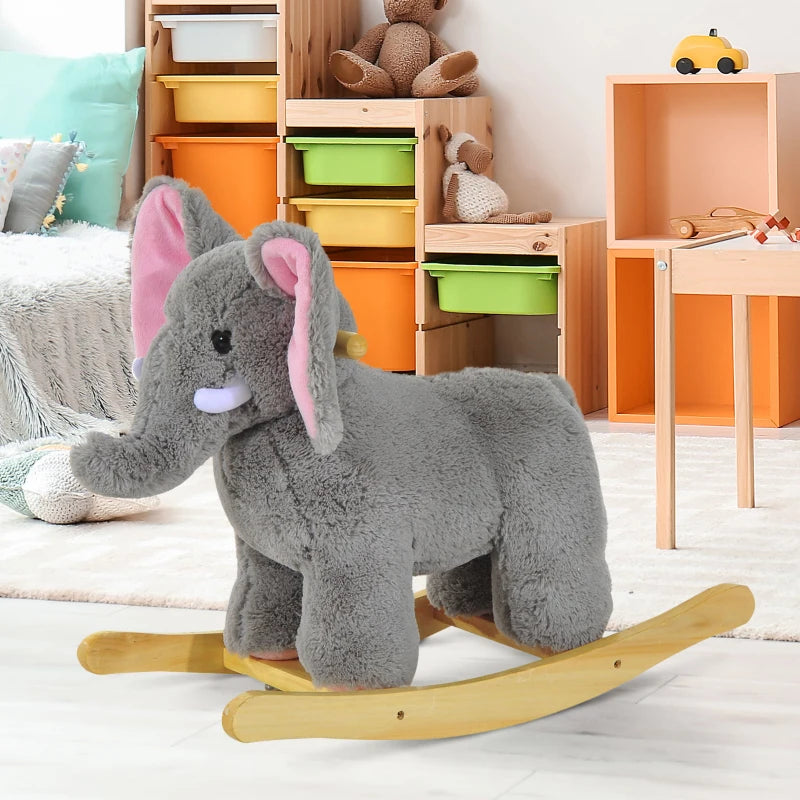 Kids Grey Elephant Rocking Horse Plush Ride-On Animal - Traditional Wooden Rocker with 32 Nursery Rhymes - Perfect Gift!