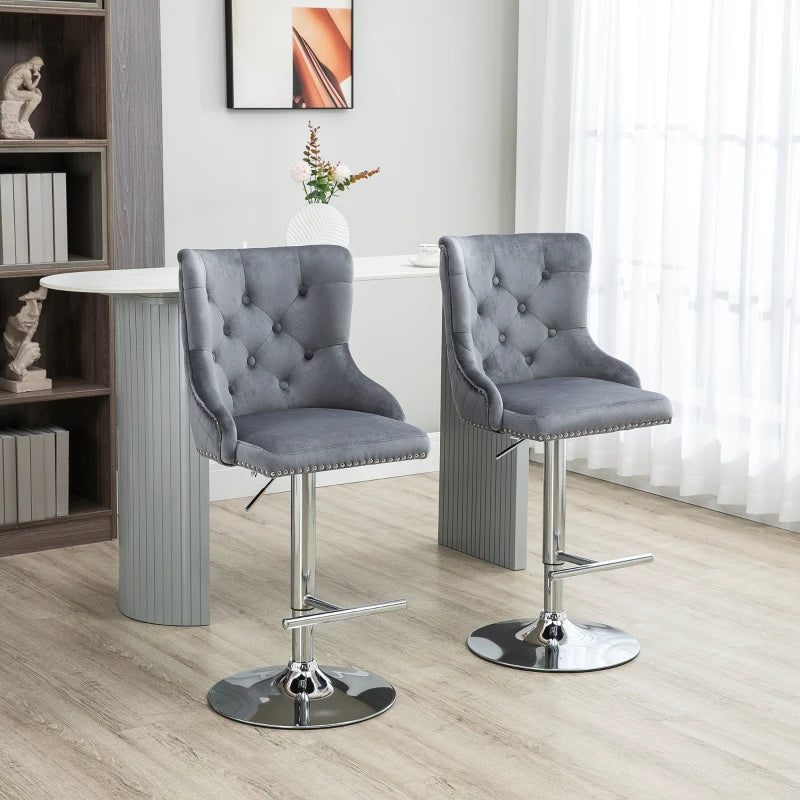 Modern Velvet Bar Stools Set of 2 - Adjustable Swivel Design with Button Tufted Back & Nailhead Trim, Grey