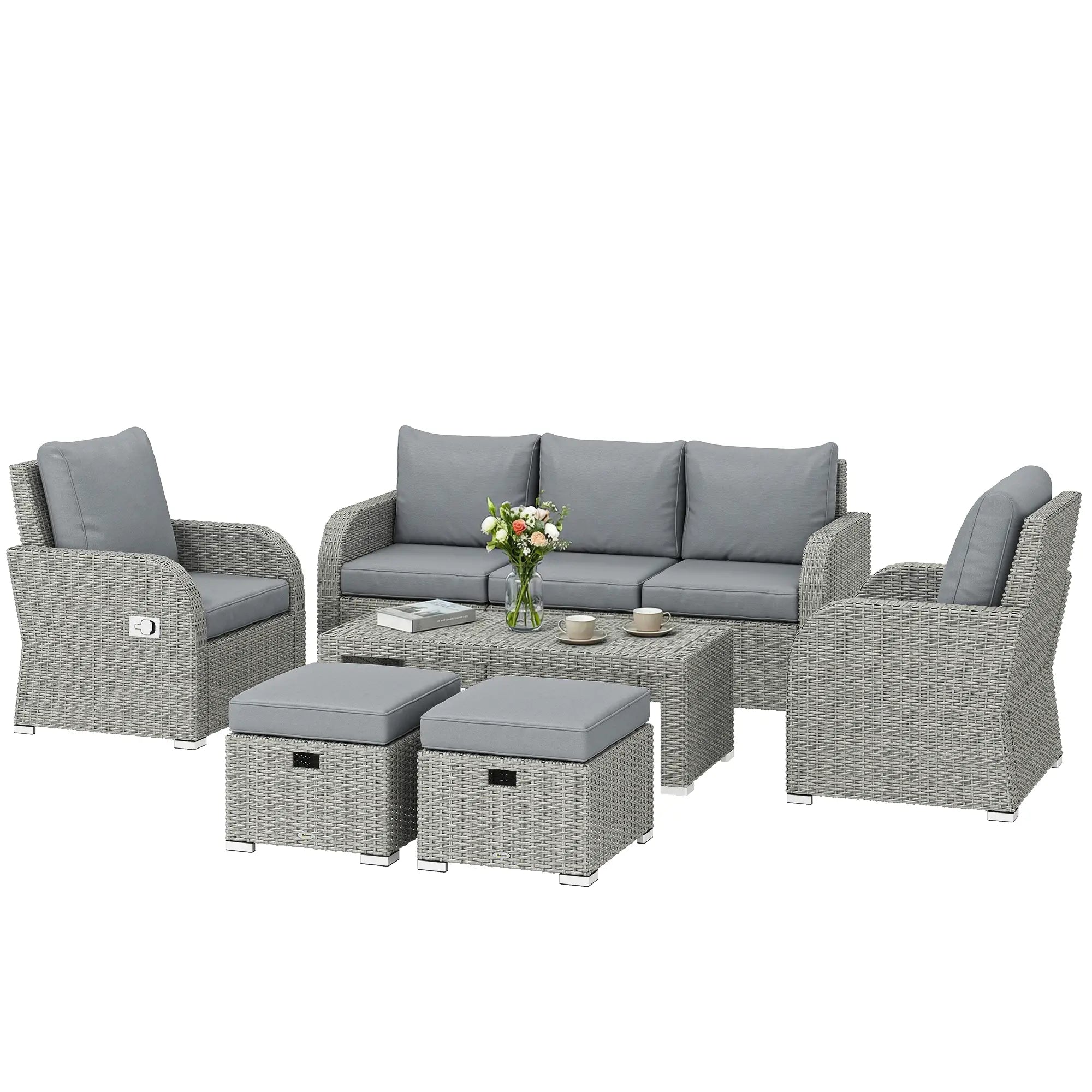 Dark Grey 6-Piece Rattan Garden Lounge Set with Reclining Armchairs, Hidden Footstools & Coffee Table